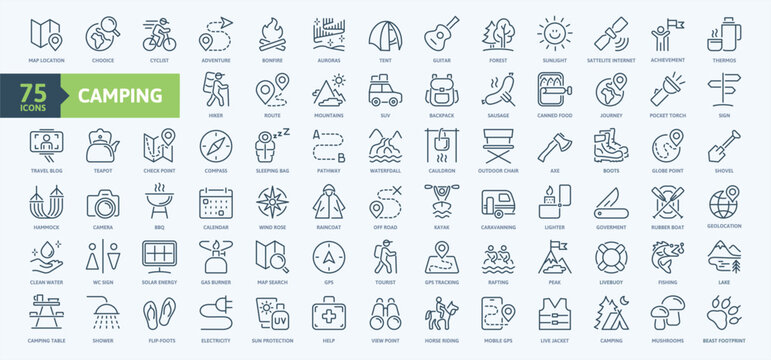 Camping, trekking, hiking, tourism, local tour - thin line web icon set. Outline icons collection. Simple vector illustration.	