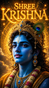 Shree Krishna close-up divine face with peacock feather and golden cosmic background, Hindu worship art