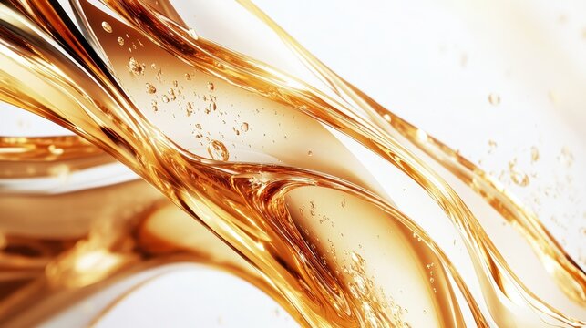 Close up of swirling golden liquid with abstract patterns and delicate bubbles against a bright background