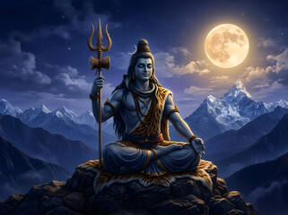 Fototapeta premium Lord shiva meditating on a mountain peak under a full moon