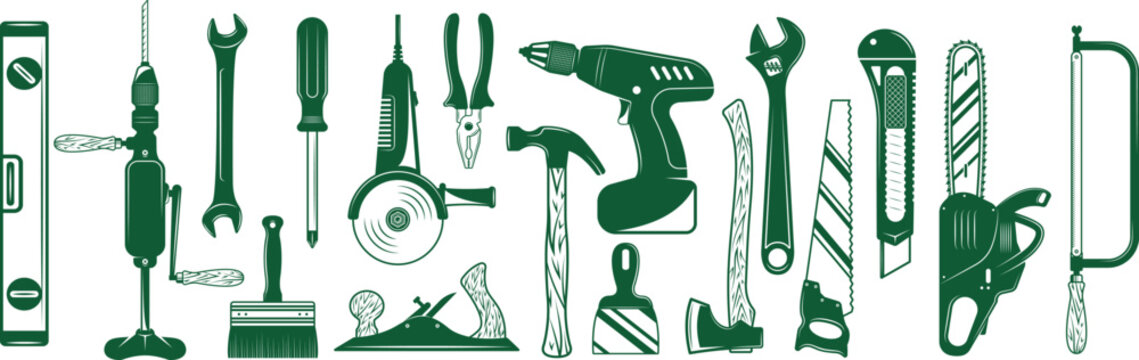 Construction and handyman tool collection isolated on white background. Modern repair equipment set with drill, wrench and measuring elements. Minimal workshop graphics for industrial design.