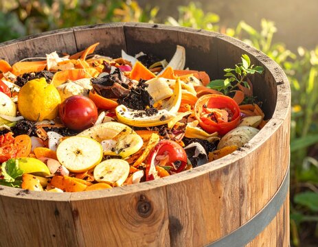 Organic kitchen and garden waste composting in a rustic wooden barrel outdoors, promoting sustainable gardening and eco-friendly practices