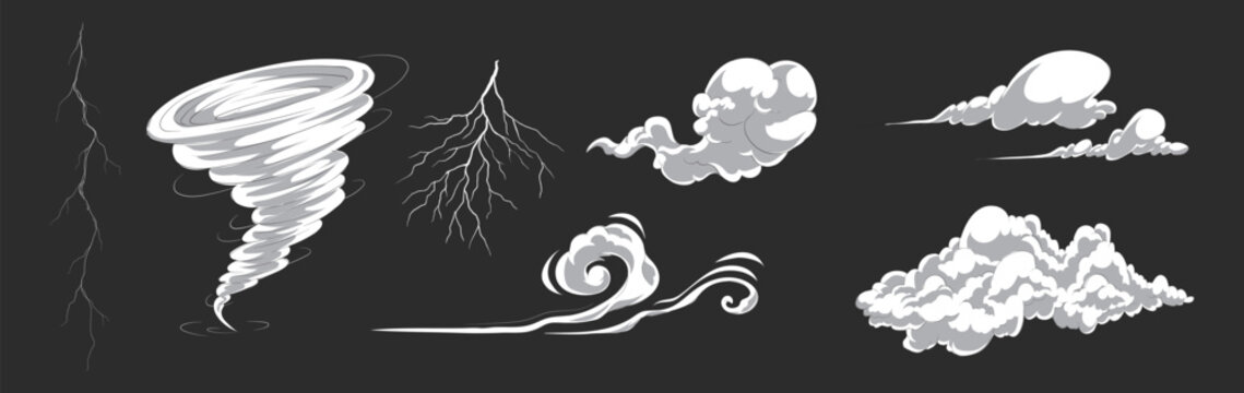 Weather disaster element collection isolated on dark background. Hand drawn storm icons with tornado, lightning and cloud effects. Dramatic nature graphics for climate and forecast design.