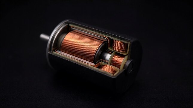 A disassembled electric motor with copper coils and metal components on a dark surface