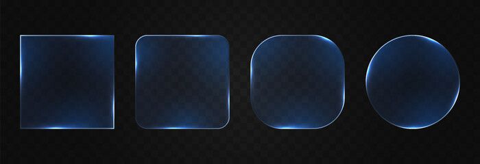Set of blue glass frames with glowing borders. Glass PNG. Glass panels of different shapes with neon frames.