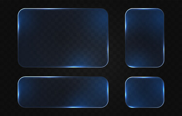 Fototapeta premium Set of blue glass frames with glowing borders. Glass PNG. Glass panels of different shapes with neon frames.