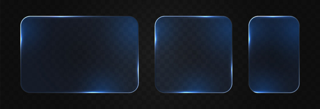 Set of blue glass frames with glowing borders. Glass PNG. Glass panels of different shapes with neon frames.