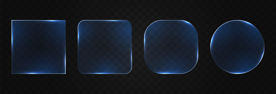 Set of blue glass frames with glowing borders. Glass PNG. Glass panels of different shapes with neon frames.