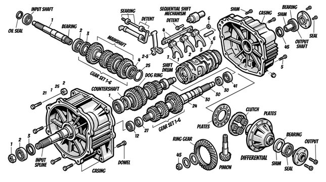 Disassembled car engine parts diagram.