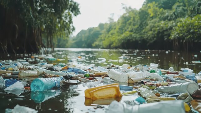Floating plastic debris collecting on the surface of a polluted river with dense forest in the background under bright sunlight