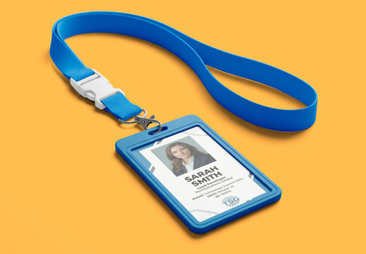 Blank ID badge mockup with gray lanyard