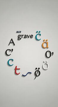 Circular arrangement of colorful letters and diacritical marks.