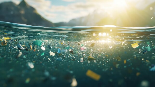 Floating microplastics gathering near the surface of a polluted lake under bright sunlight, a concerning environmental issue with a lakeside backdrop.