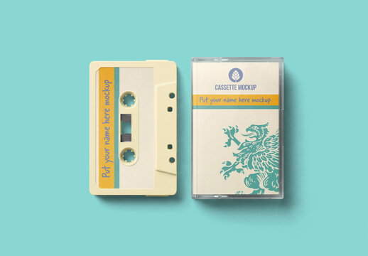 Cassette tape and case mockup minimal top view