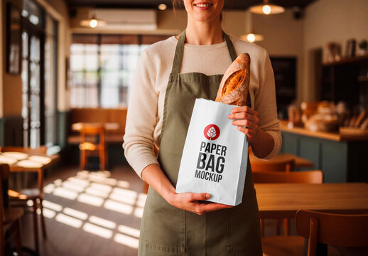 Bakery worker holding bread in blank paper bag