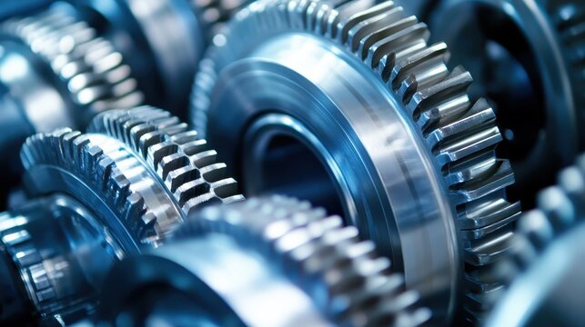 Intricate interlocking metal gears in a close-up industrial machinery setting, showcasing precision engineering and mechanical complexity