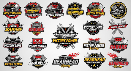 Collection of Racing Emblems and Logos with Checkered Flags. © rikop