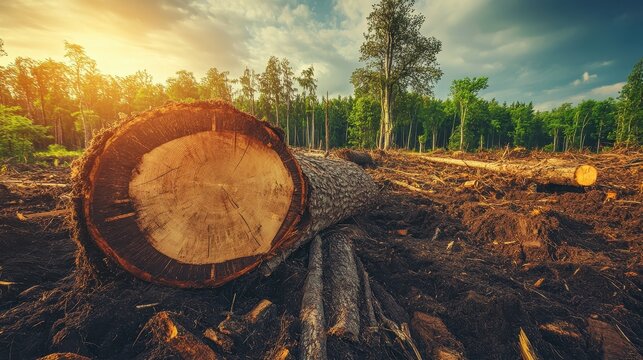 Massive felled tree trunks in a devastated logging zone under bright sunlight, symbolizing environmental destruction