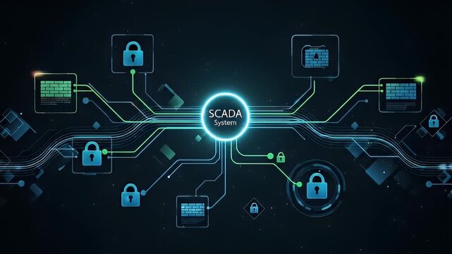Abstract SCADA system diagram showing connected security measures and digital nodes