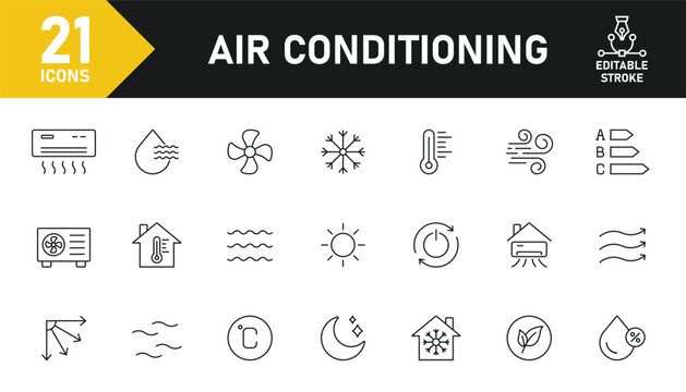 Air conditioning line icon set. Set of 21 outline icons related to air conditioner, cooling, ventilation, temperature, fan, airflow and others. Editable stroke. Vector illustration.