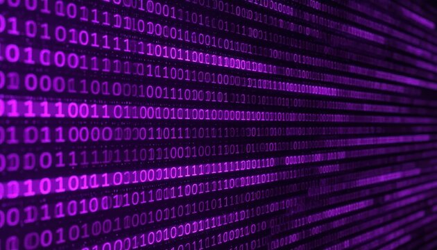 Abstract Purple Digital Binary Code Flowing Data Stream.