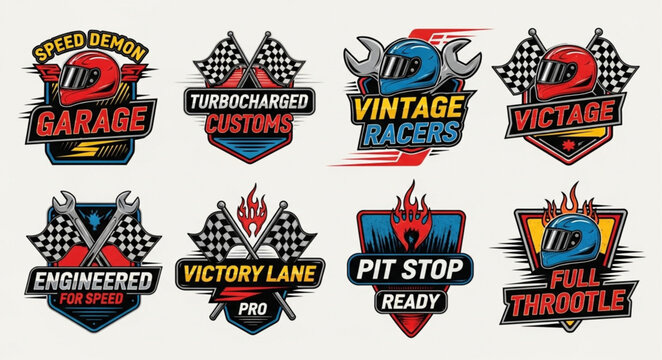 Set of Racing Emblems with Helmets and Flags.
