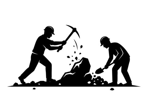 Miners silhouette with pickaxe and shovel black on white background