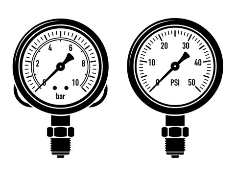 Pressure gauge silhouettes with black backgrounds and measurement scales