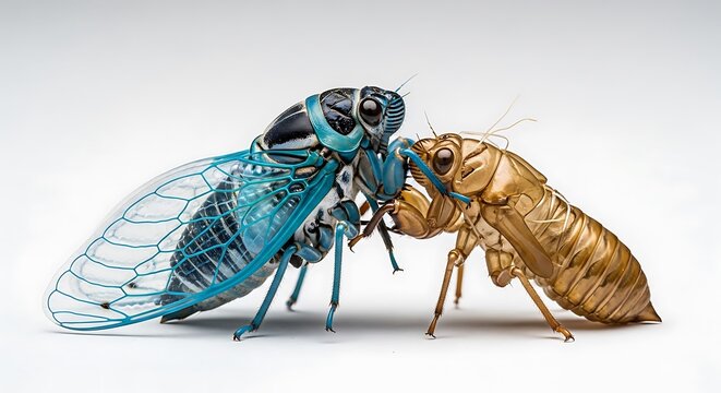 Close up of two cicadas interacting with each other on white background