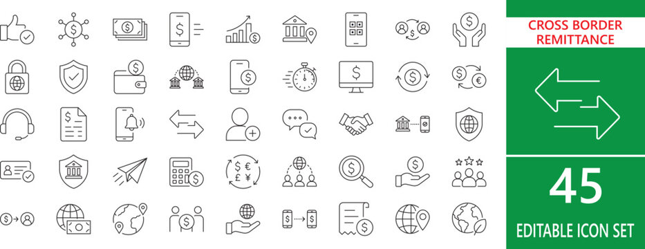 Cross border remittance thin line icon set . includes asset, transaction, Global,  border, payout,  sending,  Transfer, receiver,   and fintech banking symbols.