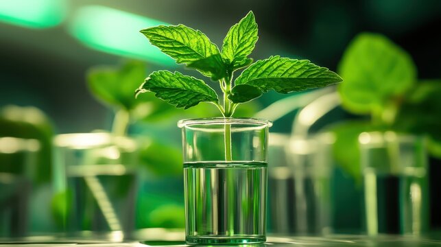 Young green plant growing in a laboratory beaker with scientific equipment in the background, representing sustainable energy research and innovative solutions for a greener future.
