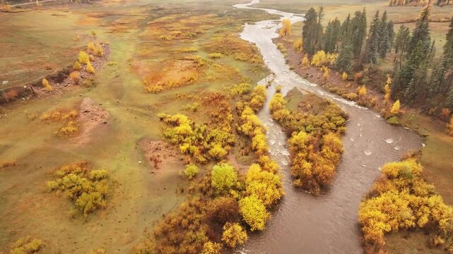 Aerial drone footage of Williams Creek Reservoir and Wolf Creek Pass during colorful autumn season