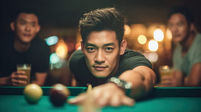 An asian man takes aim while playing a game of pool with his friends.