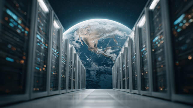 Data center global influence with Earth planet in space behind server racks in futuristic technology room