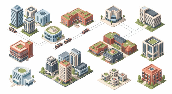 A collection of various city buildings and structures.