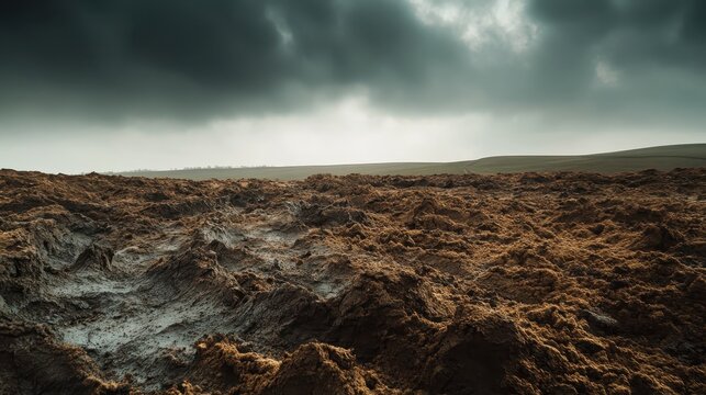 Dry cracked soil and damaged landscape under dramatic overcast sky, representing land degradation in a rural area.