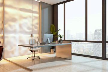 Fototapeta premium Modern luxury office workspace with sleek desk, large windows, soft backlit wall design, premium contemporary interior overlooking cityscape. 3D Rendering