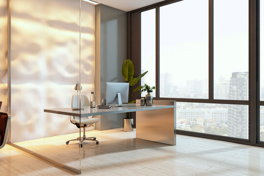 Modern luxury office workspace with sleek desk, large windows, soft backlit wall design, premium contemporary interior overlooking cityscape. 3D Rendering