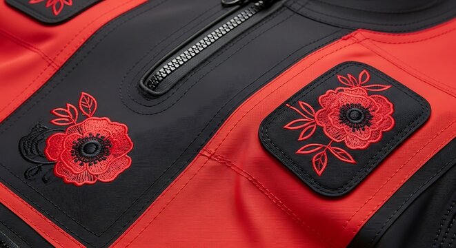 Red and black jacket with embroidered flower details and zipper
