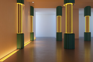 Naklejka premium Futuristic interior corridor with glowing vertical neon pillars and modern architectural design in an empty contemporary indoor space. 3D Rendering