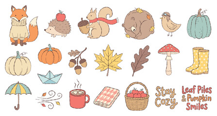 Cute autumn fall cozy pumpkin fox vector leaf squirrel hedgehog harvest bear sticker clipart. Seasonal mushroom apple acorn forest animal sweater boot umbrella mug blanket basket nature doodle sketch © Karina Martirosova