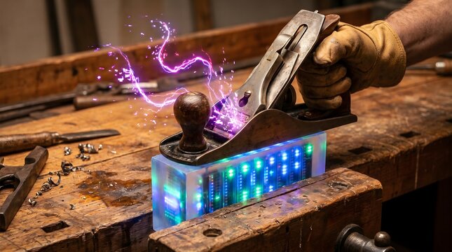 Carpenter using modern electric plane with glowing digital circuitry inside wooden shop.