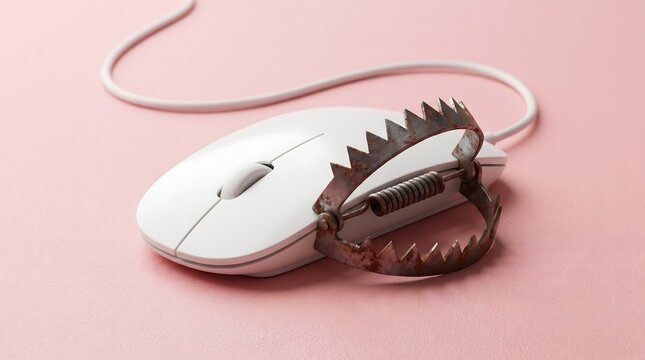 Computer mouse caught in a rusty bear trap on pink background, internet addiction concept.