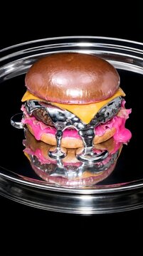 Gourmet cheeseburger with liquid silver meat patty and vibrant pink sauce on chrome plate.