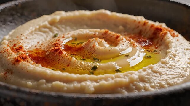 Delicious Hummus Appetizer with Olive Oil and Paprika.