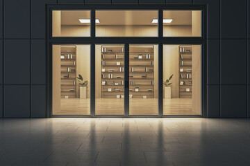 Modern library interior with organized bookshelves viewed through large glass windows at night inside a contemporary building design. 3D Rendering © Who is Danny