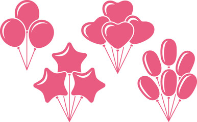 Vector set of simple balloon bouquets including hearts and stars. Silhouette set of floating balloon shapes for birthday party decor. illustration design © Mst