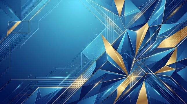 Blue and gold polygon flower abstract background with crystalline geometric shapes and smooth gradient lighting for elegant modern design.