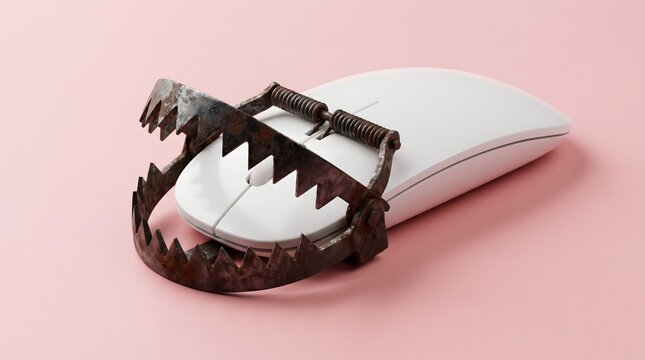 Mousetrap catching a computer mouse, illustrating the dangers of internet usage.
