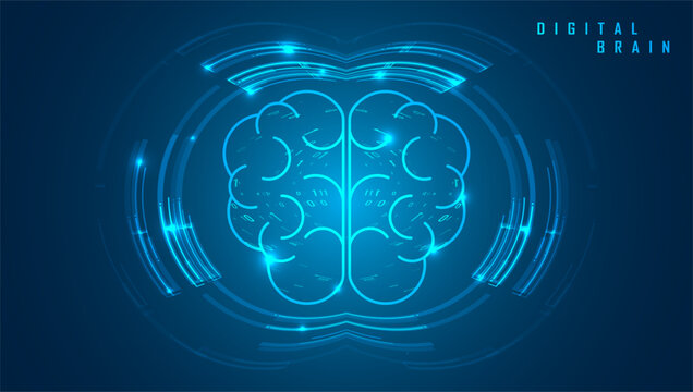 Futuristic glowing blue digital brain interface representing artificial intelligence and computing. Graphic concept for design
